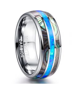 8mm Tungsten Carbide Ring Real Blue Opal and Abalone Shell