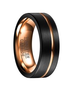 Black Tungsten Wedding Ring Brushed Finish Rose Gold Plated Groove 8mm