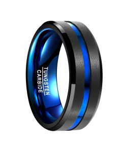 Classic 8mm Tungsten Carbide Wedding Ring Blue Grooved Center