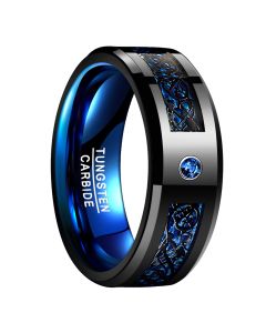 Blue Tungsten Carbide Rings Black Celtic Dragon Inlay