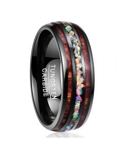 Tungsten Carbide Ring  Inlaid Fire Opal and Wood Comfort Fit