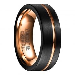 Black Tungsten Wedding Ring Brushed Finish Rose Gold Plated Groove 8mm
