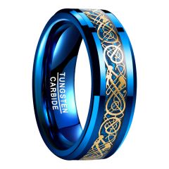 8mm Celtic Dragon Tungsten Carbide Ring Beveled Band Inlaid Carbon Fiber
