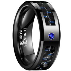 8mm Blue Tungsten Carbide Ring Flat Band Inlaid Carbon Fiber