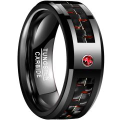 8mm Red Tungsten Carbide Ring Flat Band Inlaid Carbon Fiber