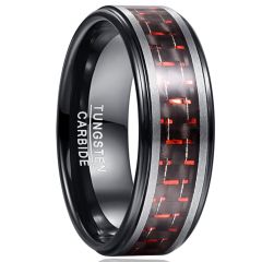 8mm Black Tungsten Carbide Ring Stepped Band Inlaid Carbon Fiber
