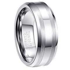 8mm Tungsten Carbide Sliver Ring Flat Band Inlaid