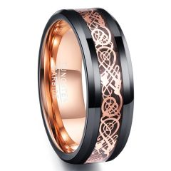 8mm Rose Gold Celtic Dragon Tungsten Carbide Ring Beveled Band Inlaid Carbon Fiber