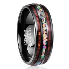Tungsten Carbide Ring  Inlaid Fire Opal and Wood Comfort Fit
