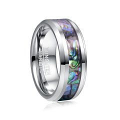 8mm Sliver Tungsten Carbide Ring Beveled Band Inlaid Abalone Shell