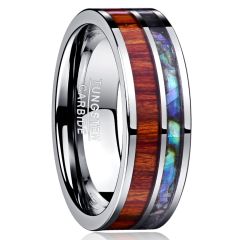 8mm Tungsten Carbide Ring Band Inlaid Abalone Shell Koa Wood