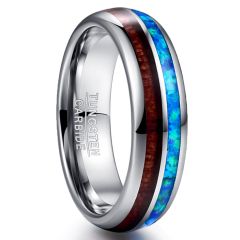 6mm Tungsten Carbide Ring Dome Band Inlaid Koa Wood Opal