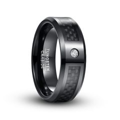 8mm Black Tungsten Carbide Ring Beveled Band Inlaid Carbon Fiber Cubic Zirconia