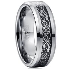 8mm Silver Tungsten Carbide Ring Beveled Band Inlaid Carbon Fiber