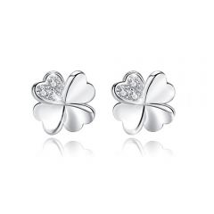 Wholesale 8mm Women 925 Sterling Silver white Four-Leaf Clover Stud Earrings