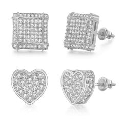 Wholesale 2 Pairs Iced Out Heart and Square Stud Earrings CZ Screw Back Hip Hop Earrings