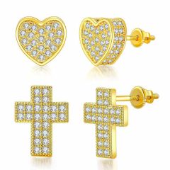 Wholesale Iced Out Heart and Cross Stud Earrings CZ Screw Back Micropave Hip Hop Jewelry