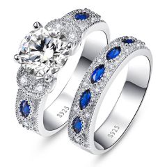 Wholesale 8mm and 4mm 925 Sliver Bridal Ring Set for Women with Sapphire