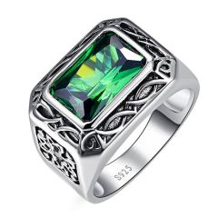 Wholesale 925 Sterling Silver mens Engagement Rings in Green Emerald