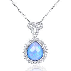 Wholesale 925 Sterling Silver Pendant Necklace Women with Blue Drop Shape Opal Cubic Zirconia 18"