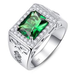 Wholesale 12mm 925 Silver Men Engagement Ring inlay Emerald 