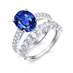 Wholesale Women 925 Sterling Silver Bridal Ring Set with Blue Sapphirein in Oval Cut