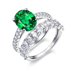 Wholesale Women 925 Sterling Silver Bridal Ring Set with Green Emerald in Oval Cut