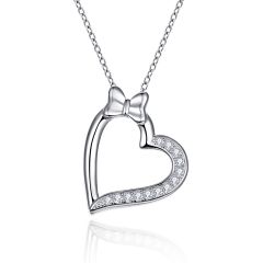 Wholesale 925 Sterling Silver Heart & Flying Butterfly Pendant Necklaces with Cubic Zirconia 18"