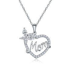 Wholesale 925 Sterling Silver Heart & Flying Butterfly Pendant Necklace with Cubic Zirconia 18" for Mom