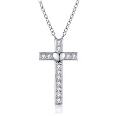 Wholesale 925 Sterling Silver Cross & Heart Pendant Necklace Women with White Cubic Zirconia 18"