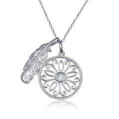 Wholesale Flower Pendant Necklace with a Feather 925 Sterling Silver 18"