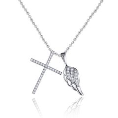 925 Sterling Silver Wholesale Pendant Necklace with Cross and Angle Wing 18"