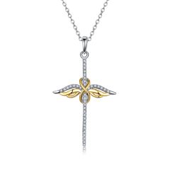 925 Sterling Silver Wholesale Infinity Cross Necklace with Angle Wings 18"