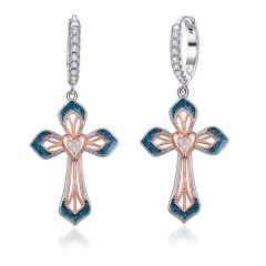 Wholesale Women 925 Sterling Silver Rose Gold Hoop Dangle Earrings with Cross Design