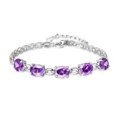 Wholesale Sterling Silver Oval Cut Purple Birthstone Link Chain Bracelet 6.3”